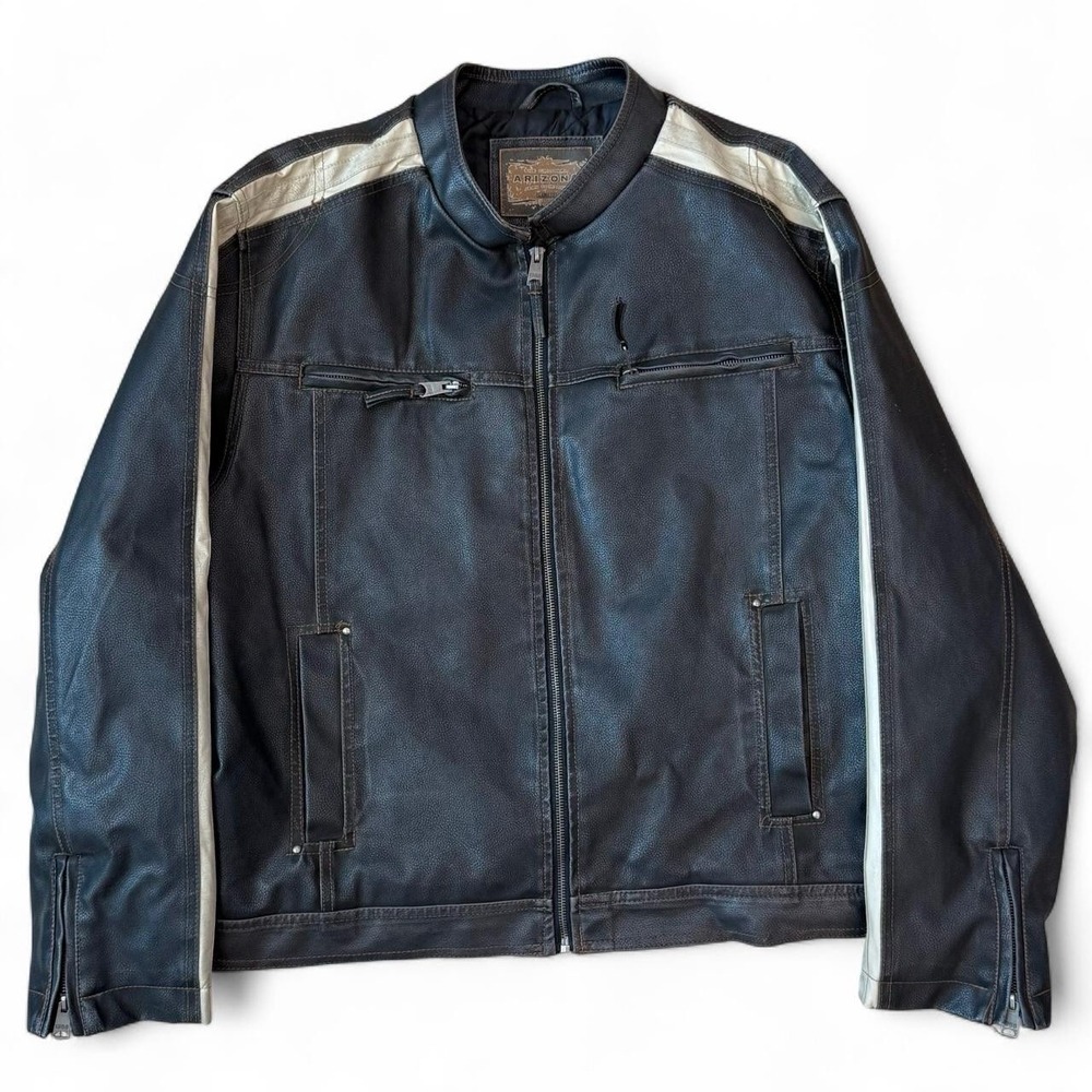 Vintage Arizona Black Striped Leather Jacket Full Zip Men's XL Biker Grunge Y2K